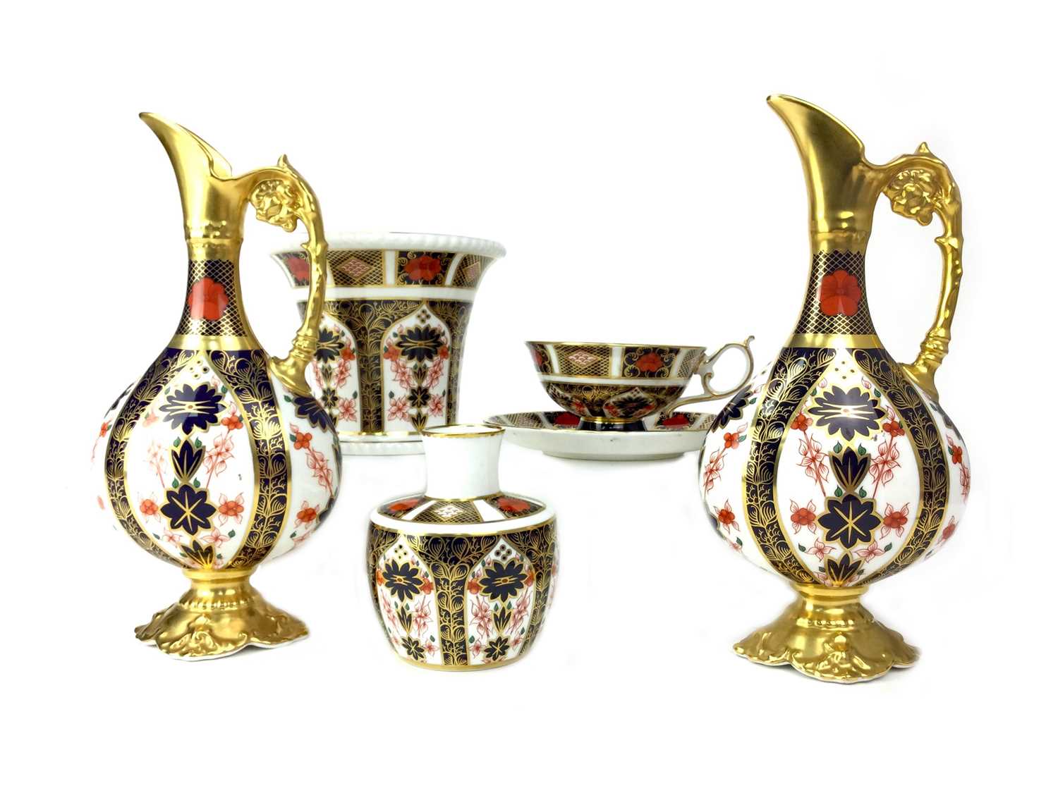 Lot 1013 - A PAIR OF ROYAL CROWN DERBY EWERS, VASES, CUP AND SAUCER