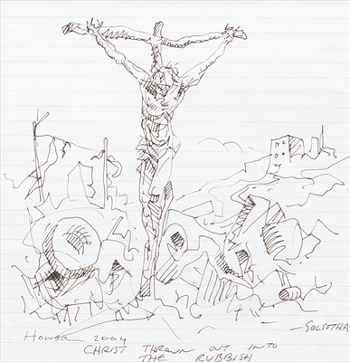 Lot 764 - CHRIST THROWN INTO THE RUBBISH, AN INK SKETCH BY PETER HOWSON