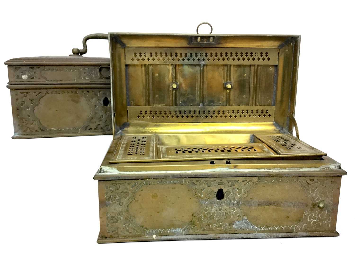 Lot 727 - A PAIR OF EARLY 20TH CENTURY CHINESE BRASS CASKETS