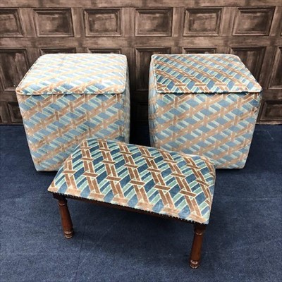 Lot 58 - A PAIR OF CONTEMPORARY UPHOLSTERED STOOLS ALONG WITH ANOTHER MATCHED STOOL