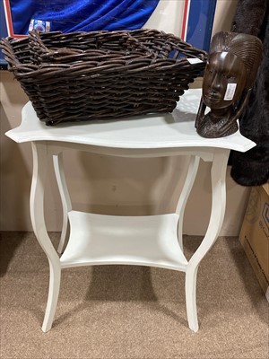 Lot 206 - A WHITE PAINTED OCCASIONAL TABLE, A NATIVE BUST AND TWO WICKER BASKETS