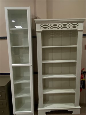 Lot 204 - A MODERN SLENDER DISPLAY CABINET, AN OPEN BOOKCASE AND A CHEST
