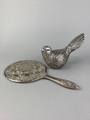 Lot 219 - A SILVER PLATED VANITY HAND MIRROR, CANDLESTICKS AND OTHER METAL WARE