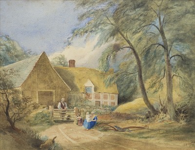 Lot 464 - FIGURES AND A DOG BEFORE A COUNTRY COTTAGE, A WATERCOLOUR