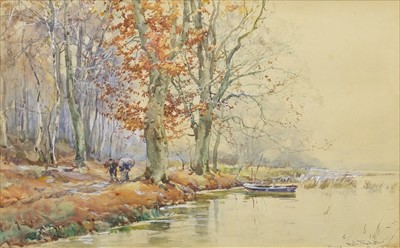 Lot 469 - TWO FAGGOT GATHERERS ON A RIVERBANK, A WATERCOLOUR BY HENRY R GARDINER