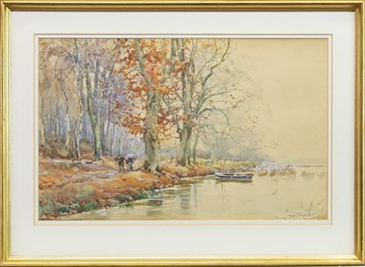Lot 469 - TWO FAGGOT GATHERERS ON A RIVERBANK, A WATERCOLOUR BY HENRY R GARDINER