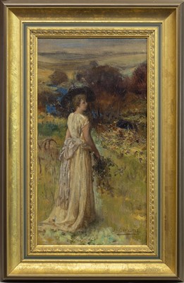 Lot 77 - YOUNG LADY PICKING FLOWERS, AN OIL BY JAMES ELDER CHRISTIE