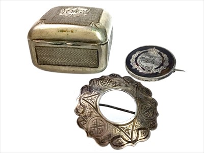 Lot 1375 - FRANCIS CLARK'S SILVER PLATED SNUFF BOX ALONG WITH TWO BROOCHES