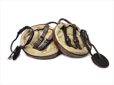 Lot 1869 - A PAIR OF EARLY 20TH CENTURY LEATHER AND CANVAS CURLING STONE BAGS ALONG WITH ANOTHER PAIR