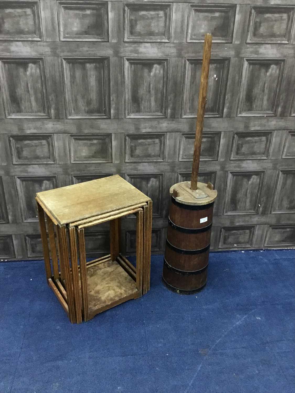 Lot 114 - A BUTTER CHURN ALONG WITH A NEST OF TABLES AND A CHEST