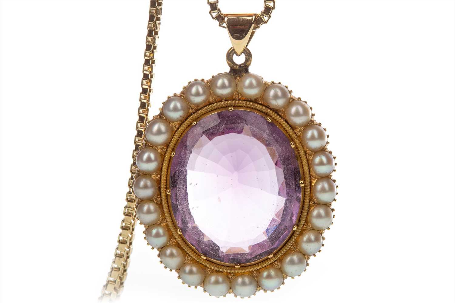 Lot 1361 - AN AMETHYST AND PEARL PENDANT