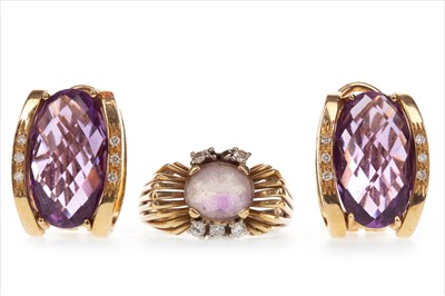 Lot 859 - A PAIR OF GEM SET EARRINGS AND A RING