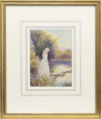 Lot 486 - YOUNG GIRL BY A LAKE, A WATERCOLOUR BY JOHN SHIRLEY FOX