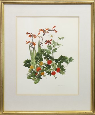 Lot 505 - ROSEHIPS AND FLOWERS, A WATERCOLOUR BY ELSPETH HARRIGAN