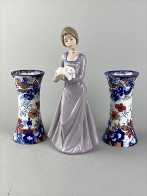 Lot 164 - A NAO FIGURE OF A FEMALE HOLDING A RABBIT, ANOTHER FIGURE AND A PAIR OF VASES