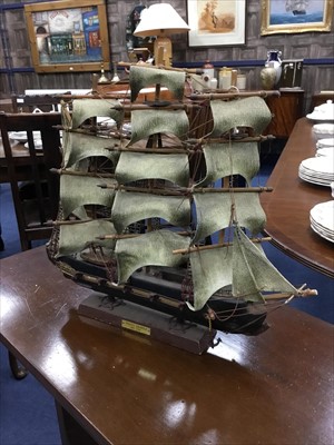 Lot 87 - A WOOD MODEL OF A SHIP AND TWO OTHER SMALLER MODEL SHIPS