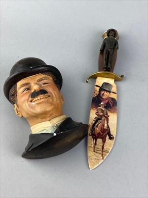 Lot 172 - A REPLICA COLT 45 REVOLVER, A RESIN BUST OF CHAPLIN, PEWTER TANKARD AND A KNIFE