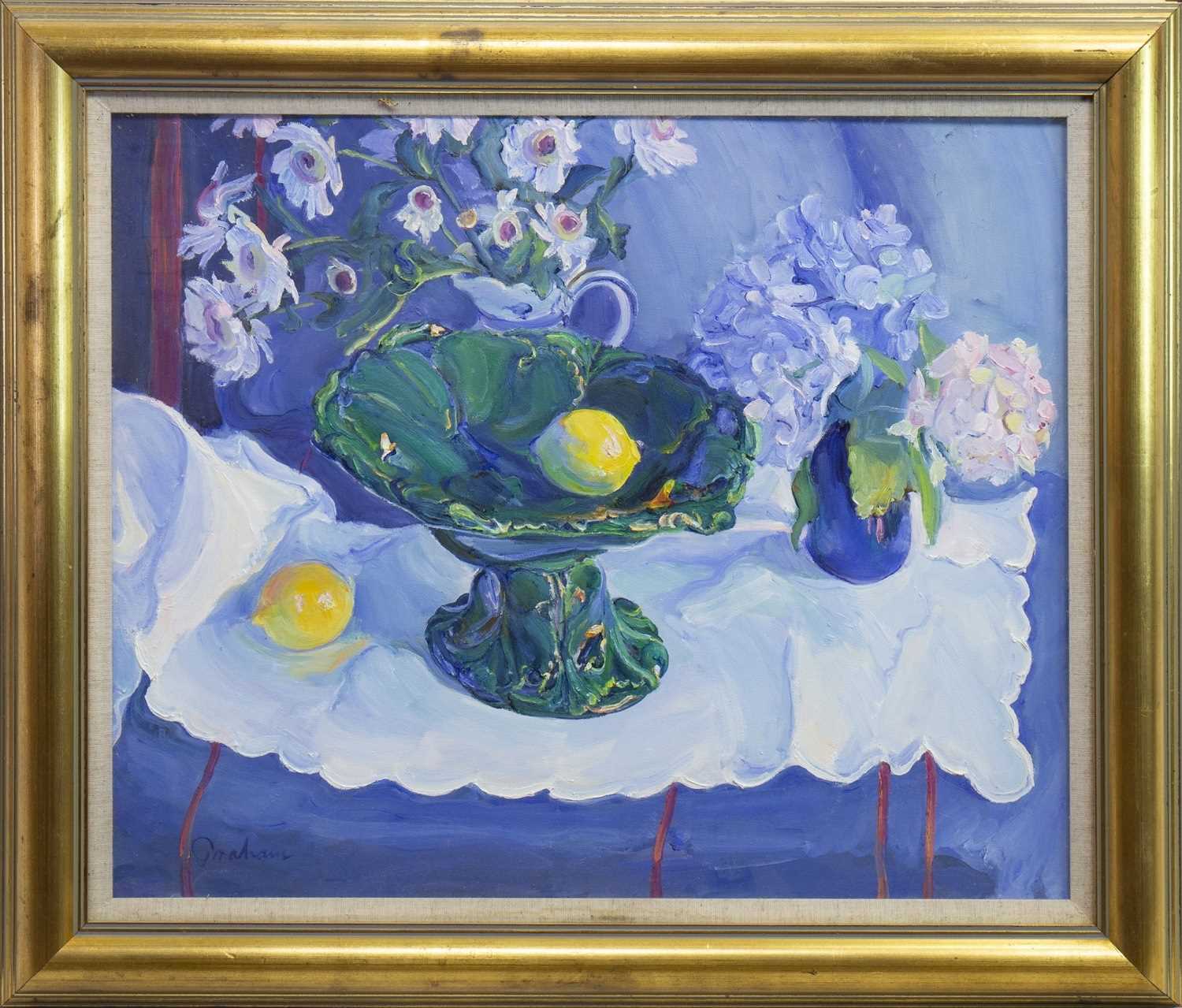 Lot 541 - STILL LIFE WITH GREEN DISH, AN OIL BY JOSEPHINE GRAHAM