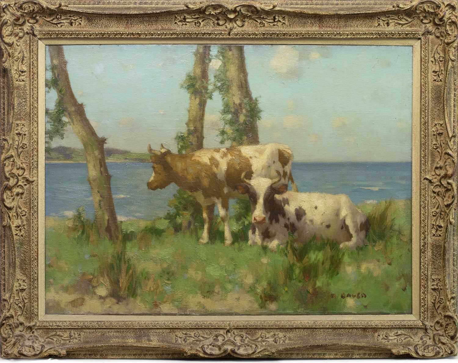 Lot 124 - AYRSHIRE COWS RESTING BY THE SEA, AN OIL BY DAVID GAULD