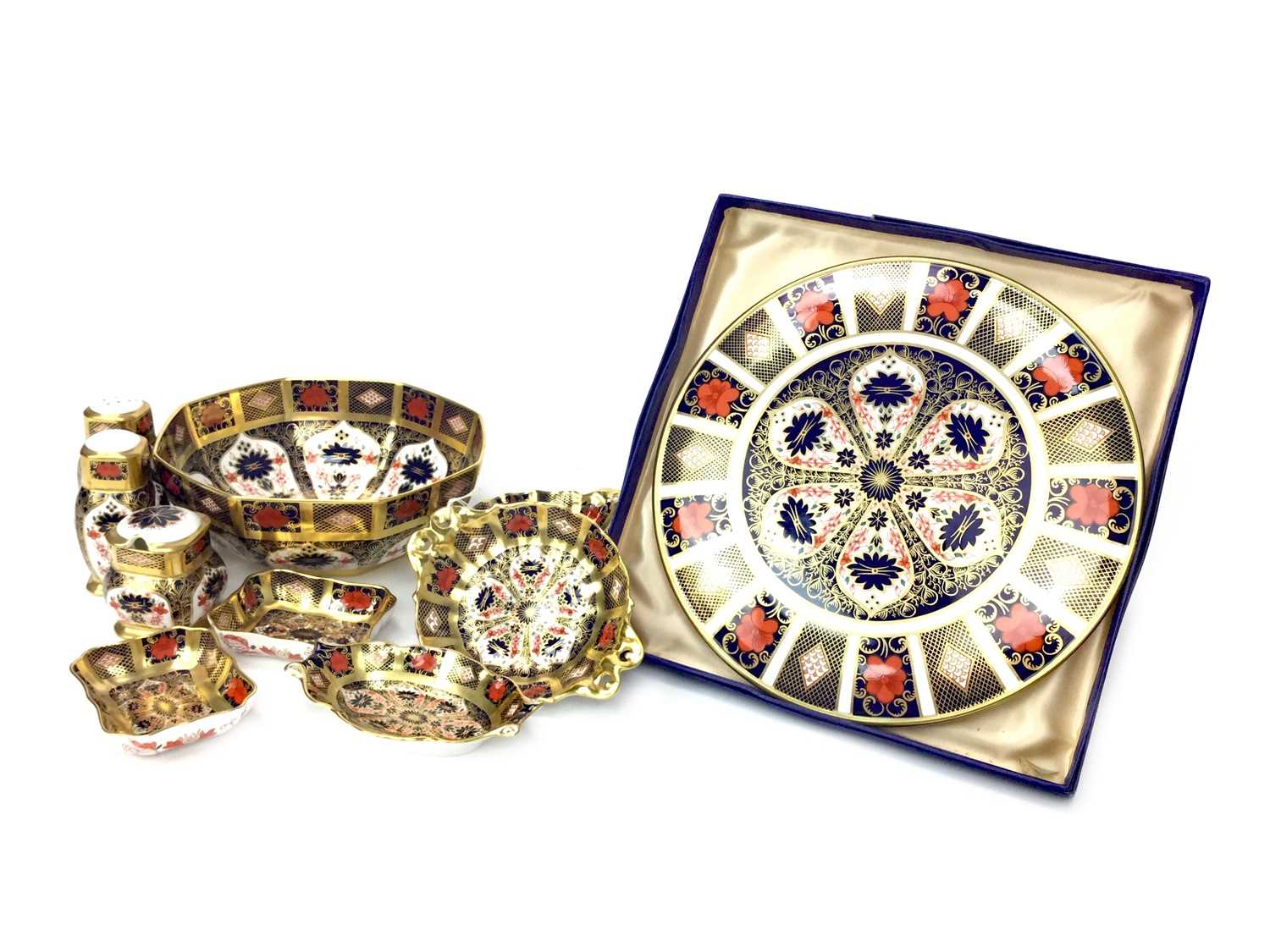 Lot 1021 - A ROYAL CROWN DERBY OCTAGONAL BOWL, CONDIMENT SET AND OTHER ITEMS