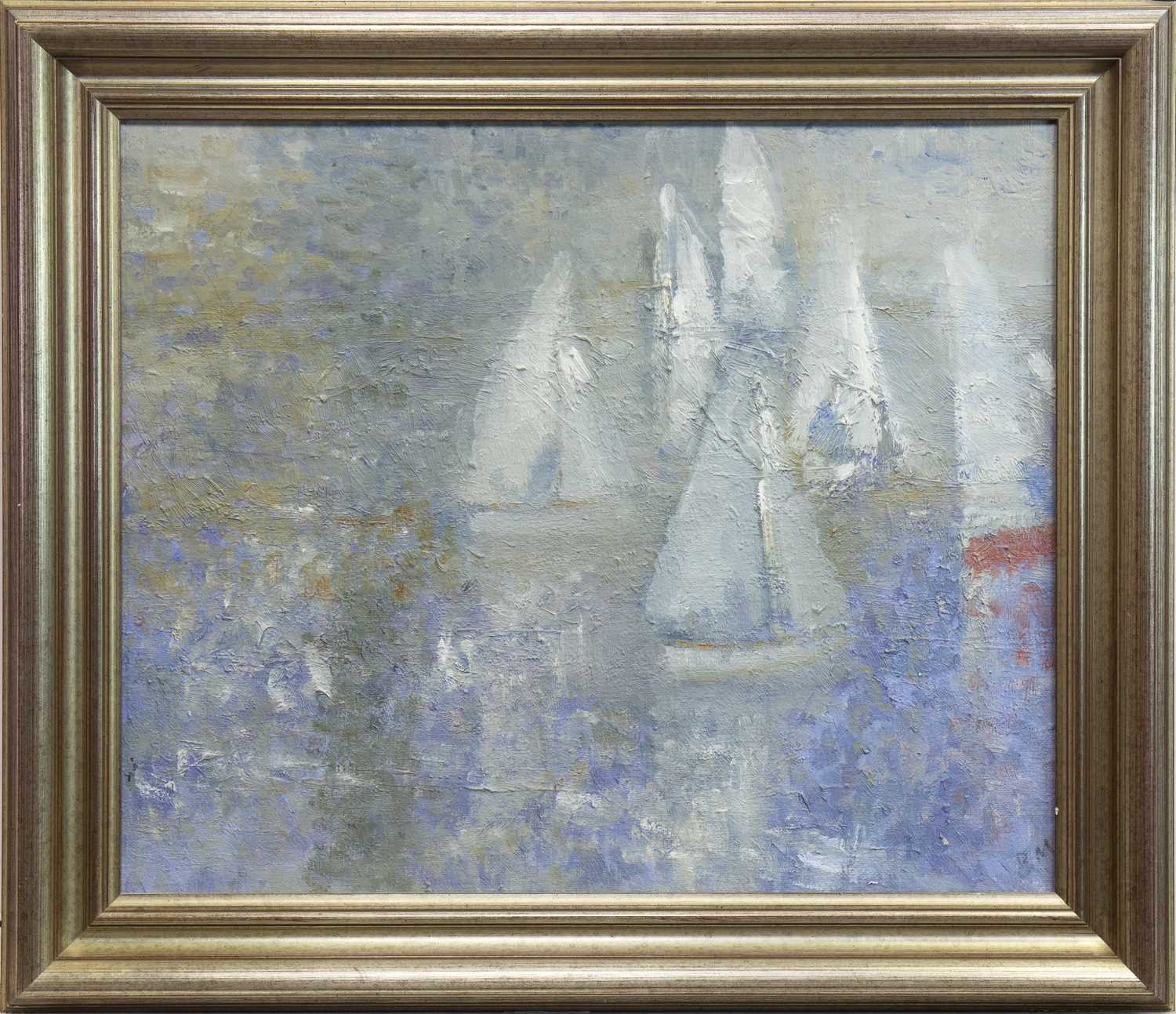Lot 548 - SAILS AND REFLECTION, AN OIL BY BERNARD MYERS
