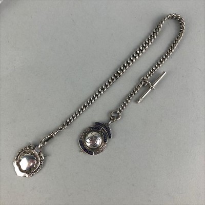 Lot 6 - A SILVER ALBERT CHAIN AND TWO FOBS
