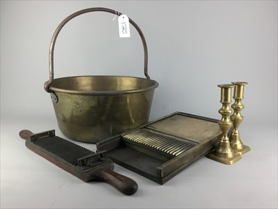 Lot 298 - A BRASS JELLY PAN, PAIR OF CANDLESTICKS AND A PILL MAKING SLAB