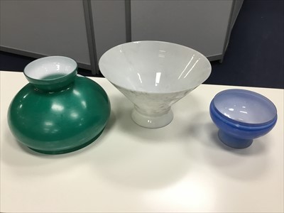 Lot 300 - A LOT OF NINE OPAQUE GLASS CONE SHAPED LIGHT SHADES AND OTHER SHADES
