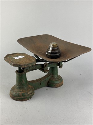 Lot 303 - A SET OF VINTAGE KITCHEN SCALES WITH WEIGHTS, CROCKS AND GLASS BOTTLES