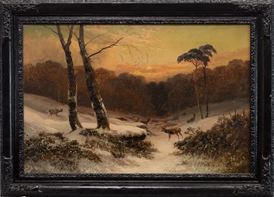 Lot 140 - DEER IN A WINTER LANDSCAPE, AN OIL BY CLARENCE HENRY ROE