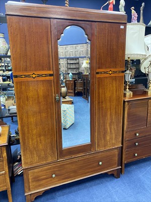 Lot 335 - AN INLAID MAHOGANY WARDROBE, DRESSING CHEST AND CUPBOARD CHEST