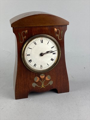 Lot 377 - AN EDWARDIAN INLAID MAHOGANY MANTEL CLOCK AND TWO OTHER CLOCKS