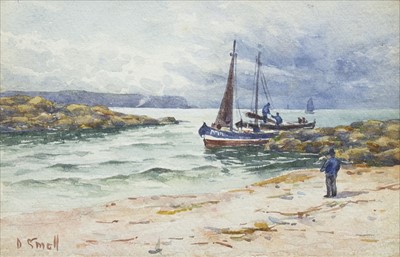 Lot 493 - HARBOUR SCENE WITH FIGURE, A WATERCOLOUR BY DAVID SMALL