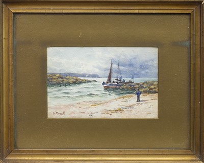 Lot 493 - HARBOUR SCENE WITH FIGURE, A WATERCOLOUR BY DAVID SMALL