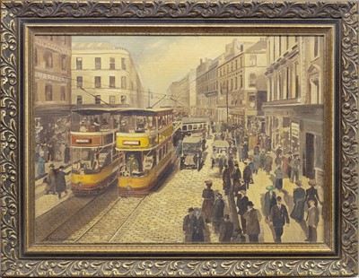 Lot 135 - BUSY GLASGOW STREET, AN OIL BY PETER ST CLAIR MERRIMAN