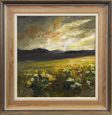 Lot 582 - STORM SKY OVER FORFARSHIRE HILLS, AN OIL BY ANNETTE J STEPHEN