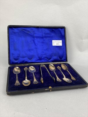 Lot 393 - A SET OF SIX SILVER TEASPOONS AND TONGS AND OTHER FLATWARE
