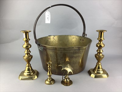 Lot 394 - A BRASS JELLY PAN, CANDLESTICKS, SHOE LAST, FLAT IRONS AND OTHER BRASS WARE