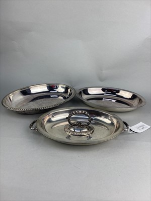 Lot 396 - A SILVER PLATED ENTREE DISH, TWO PIN DISHES AND OTHER SILVER PLATED FLAT WARE