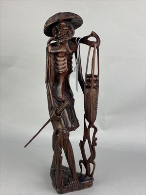 Lot 398 - A CHINESE CARVED WOOD FIGURE OF A FISHERMAN AND OTHER ITEMS