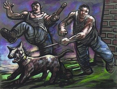 Lot 546 - TWO MEN AND A DOG, A PASTEL BY PETER HOWSON