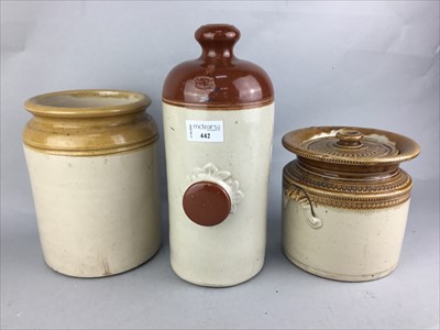 Lot 442 - A STONEWARE HOT WATER BOTTLE AND A GROUP OF STONEWARE JARS