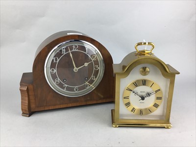 Lot 447 - A MANTEL CLOCK IN WALNUT CASE AND A BRASS CASED CLOCK