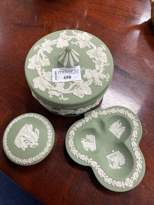 Lot 450 - THREE SMALL PIECES OF WEDGWOOD, THREE TEAPOTS AND GLASSWARE