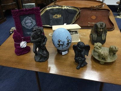 Lot 492 - A PAINTED OSTRICH EGG ON STAND, BUDDHAS AND OTHER FIGURES