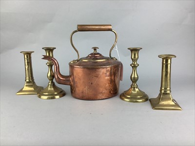 Lot 479 - A 19TH CENTURY COPPER KETTLE AND TWO PAIRS OF BRASS CANDLESTICKS