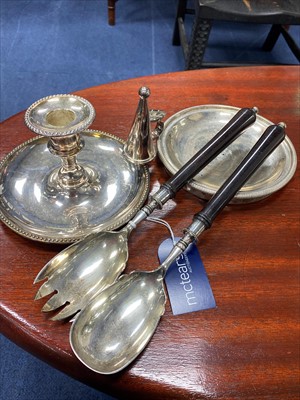 Lot 482 - A SILVER AND WOOD CIRCULAR DISH, CANDLESTICK AND A PAIR OF SALAD SERVERS