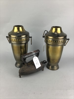 Lot 514 - A COBBLERS LAST, FLAT IRON, A PAIR OF VASES AND VARIOUS WEIGHTS