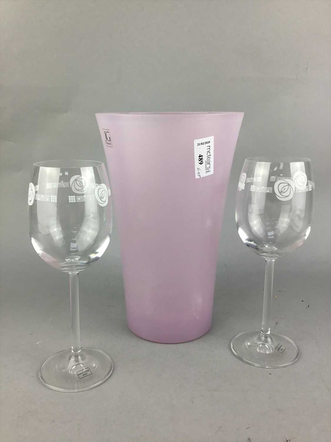 Lot 489 - A JG DURAND PINK GLASS VASE AND A SET OF SIX WINE GLASSES