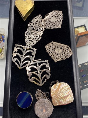 Lot 504 - A VICTORIAN SILVER PLATED BELT BUCKLE, OTHER BUCKLES, SNUFF BOX, VESTA CASE AND PURSE